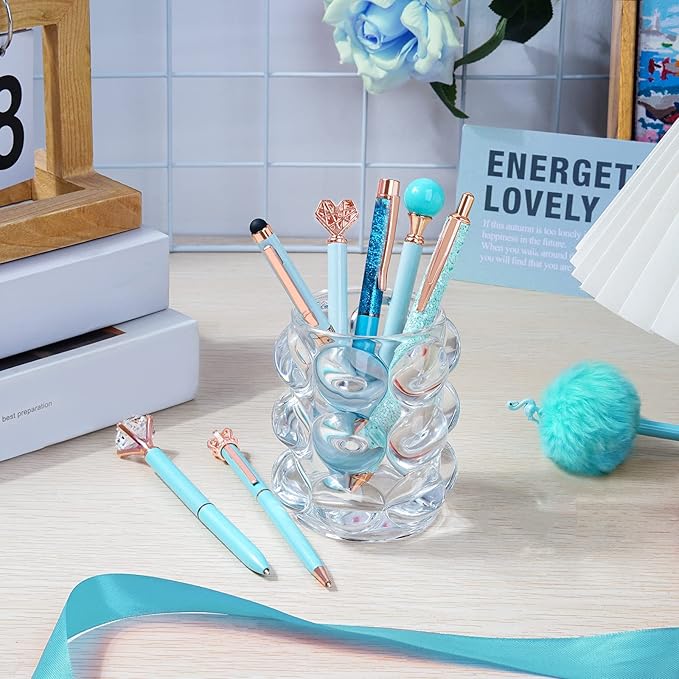 WEMATE 8Pcs Ballpoint Pens Set Metal Crystal Diamond Pen Glitter Pen for Journaling Blue Bling in Black & Blue Ink Pretty Cute Pens Fancy Pens Gifts for Women Wedding School Office Desk(Blue)
