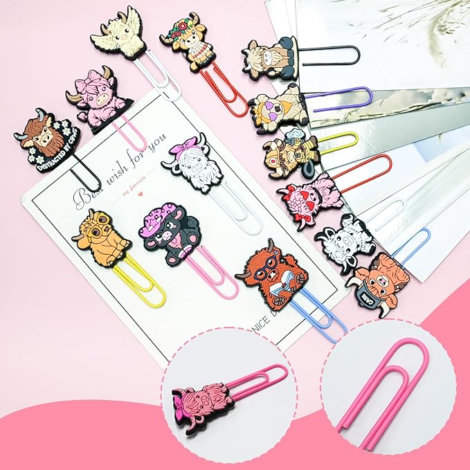 Cute Paper Clips, 50Pcs Highland Cow Bookmark Paperclips Bulk Metal Fun Cute Cow Planner Clip Charms Clamp Desk Accessories Stationery Colorful Office Supplies Gifts for Student Teacher Party Decor