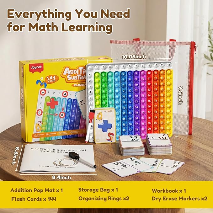 JoyCat Addition and Subtraction Flash Cards with Addition Toy,144 Flashcards for Pre K,1st,2nd,3rd 4th Grade,Math Manipulatives Tools for Homeschool, Classroom & Travel,with Workbook, Markers & Rings