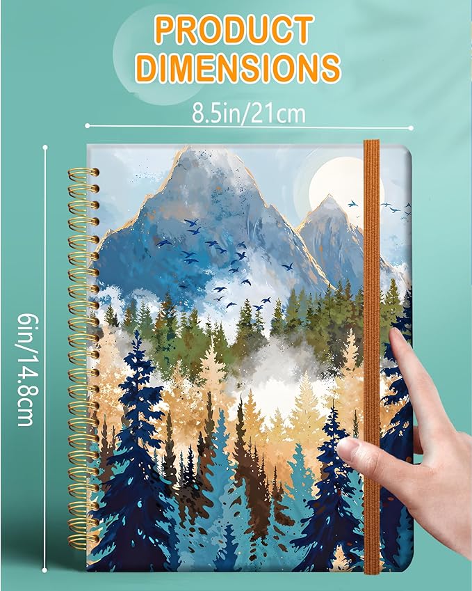 Ruled Spiral Writing Notebook,A5 Hardcover Lined College Journal for Women Lady,Fashion Puppy Watercolor Strong Twin-Wire Binding with Premium Paper,8.4" X 6",Perfect for School,Office,Home Gifts(Foggy Mountains Landscape)