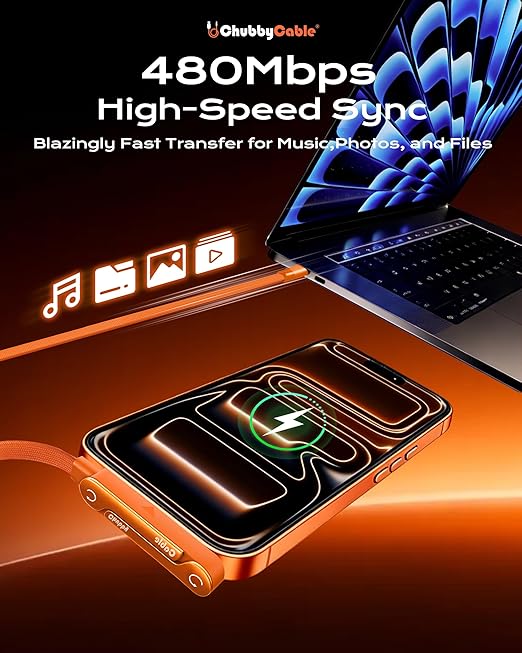 chubbycable StandLite 240W Braided Fast Charge Cable with Built-in Phone Stand T-Shaped Foldable Durable USB-C Cord 90 Degree USB C Cable Right Angle Multi-Functional Charger Cord, Orange, 4.9FT