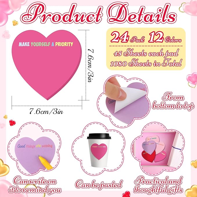 Teling 24 Pack Valentine's Day Sticky Notes Heart Shape Sticky Notes 3 x 3 Inch Inspirational Notepads Bulk Cute Memo Pads for Valentines Party Gifts School Office Supplies (Red Pink Purple)