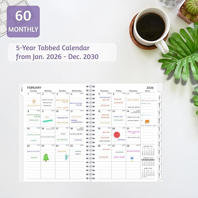Monthly Planner 2026-2030, 5-Year Calendar Planner 2026-2030, Jan 2026 – Dec 2030, 6.2 x 8.4 In, Ruled Spread, Flexible Cover, Spiral Wirebound, Pocket, 60 Coated Monthly Tabs, Notes ＆ Habit Tracker