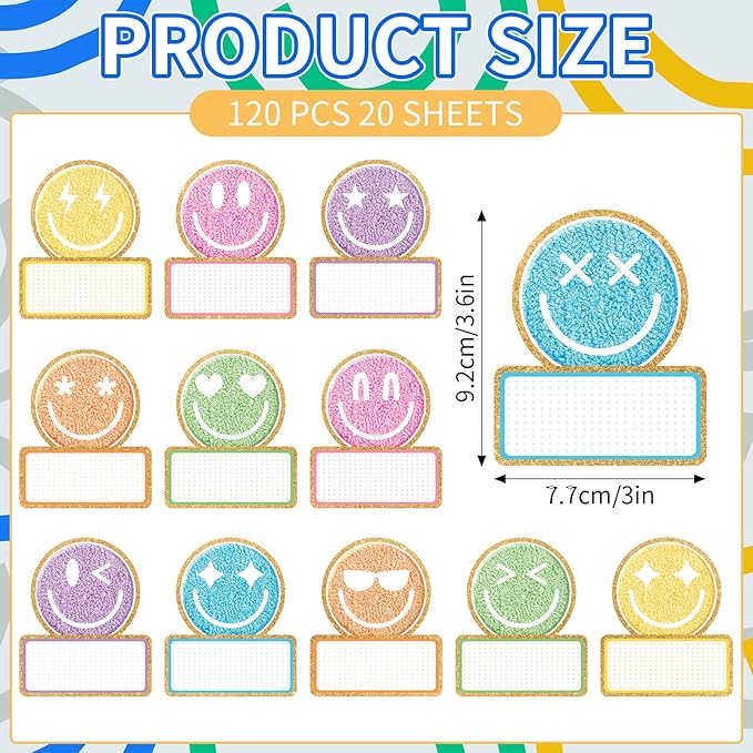 120Pcs Back to School Name Tag Stickers Smile Face Sticker Pastel Embroidered Style Happy Face Label Decals for Students Classroom Bulletin Board Desk Wall Message Board