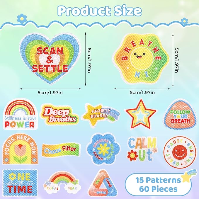 60 Pcs Anxiety Sensory Stickers Resuable Calm Stickers 2 Textured Surface Sensory Strips 15 Style Fidget Tactile Stickers for Office Classroom Adult Teens