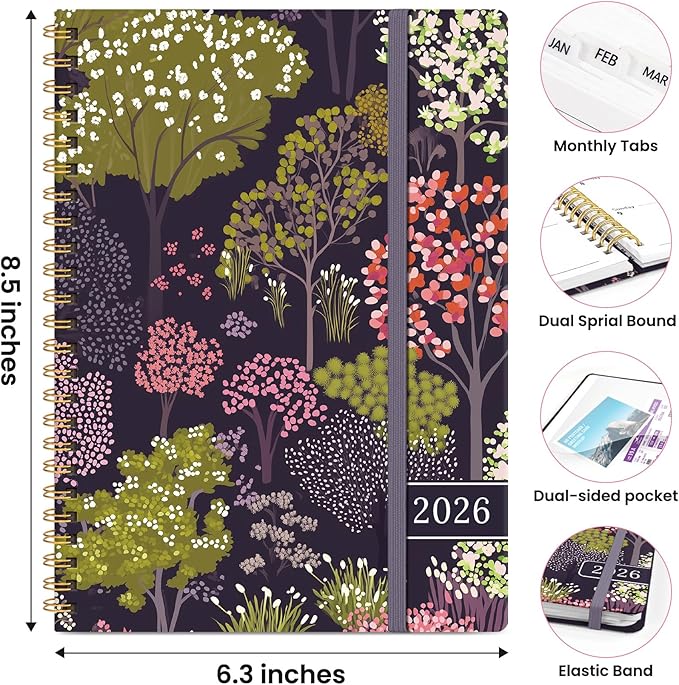 2026 Planner, Weekly and Monthly Planner for Women, January 2026 to December 2026, Pretty Hardcover 2026 Calendar Planner Book with Tabs, Inner Pocket, Spiral Bound, Perfect Office Home School Supplies - 6.3" x 8.5", Colorful Grove