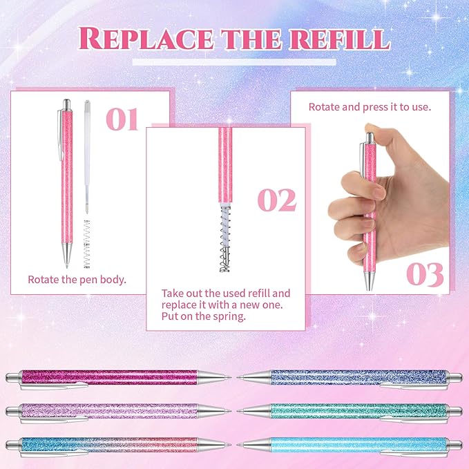 Sherr 7 Pcs Fancy Pens for Women Cute Sparkly Glitter Pens with 10 Pcs Black Ink Refills Pretty Gifts for Girls Office School Christmas Graduation(Glitter)