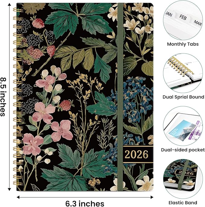 2026 Planner, Weekly and Monthly Planner for Women, January 2026 to December 2026, Pretty Hardcover 2026 Calendar Planner Book with Tabs, Inner Pocket, Spiral Bound, Perfect Office Home School Supplies - 6.3" x 8.5", Forest Botanica