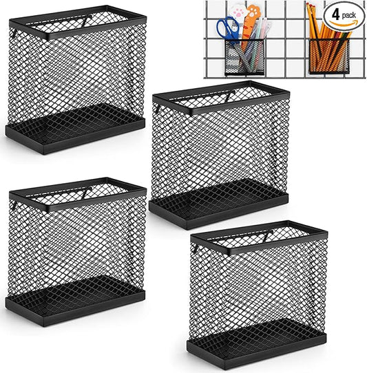 4 Pcs Black Grid wall Bins Storage Bin with Hooks Hanging Baskets Square Box Shape Mesh Baskets for Grid Wall for Garage Garden Office Tools Storage