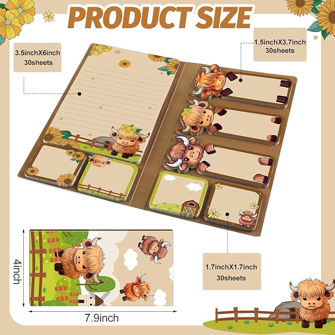 Highland Cow Sticky Notes Set Gifts for Women 8 Pack Cute Animals Decoration Office Desk Accessories for Christmas Home Students Teacher School Supplies