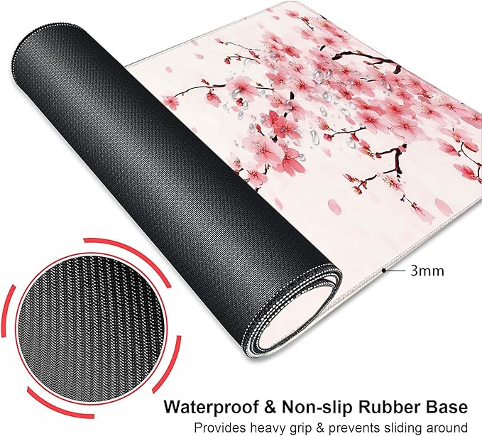 Pink Cherry Blossom Japanese Large Mouse Pad, Desk Mat Computer Keyboard Pad Non-Slip Rubber Base Waterproof with Stitched Edges for Laptop Gaming, Office & Home 31.5 x 11.8 Inch