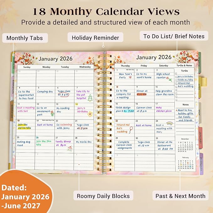 Planner 2026-2027, 18 Months Weekly and Monthly Daily Planner from January 2026 - June 2027, 8.5" x 11" A4 Large Hardcover Agenda Organizer Book 2026 with Tabs, Spiral Yearly Calendar Planners for School Work Home, Colorful Tree of Life