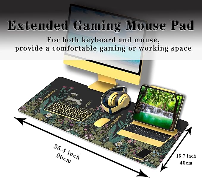 Gaming Mouse Pad Black XXXL Mousepad, Office Desk Pads Keyboard Mouse Pads, Pad for Mouse Non-Slip Rubber Base Waterproof with Stitched Edges, 35.4 X 15.7 in for Work/Game/Office Wildflower