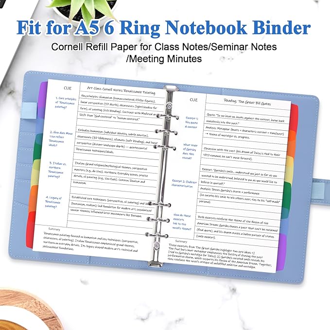 Antner A5 Cornell Notes Refill Paper for A5 6-Ring Binder, 135 Sheets 6-Hole Filler Paper with Note/Cue/Summary Sections & 12 Dividers for Refillable Notebook, Bullet Journal & Meeting Planner Inserts