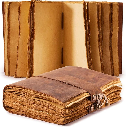NomadCraftsCo. Vintage Leather Journal - Lock Closure, Book of Shadows Journal, Grimoire Journal, Witch Journal, Vintage Journal 240 pages Antique Deckle Edge Paper