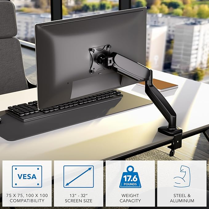 Mount-It! Monitor Arm – Single Monitor Desk Mount, Articulating Gas Spring Arm, Fully Adjustable 13"-32" Screens, VESA 75x75 100x100, Clamp & Grommet Base, Holds 17.6 lbs