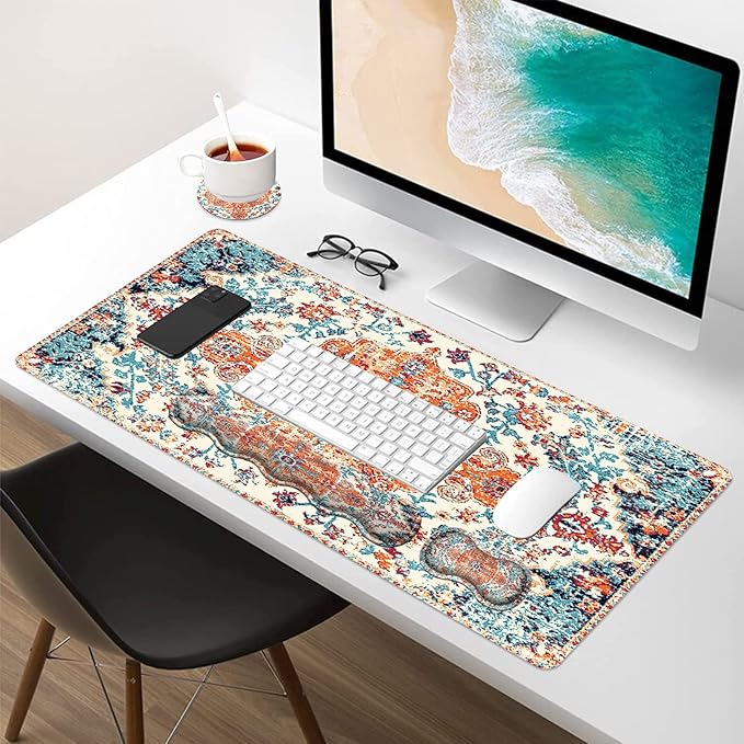 iLeadon Keyboard Mouse Pad Set, Large Gaming Mouse Pad + Wrist Rest + Mouse Pad with Wrist Support + Coaster, Easy Typing Pain Relief, 35.4x15.7in Desk Mat for Home Office, Boho