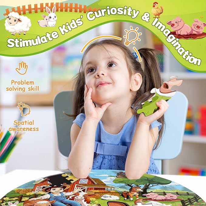 Puzzles for Kids Ages 4-6, 70 Piece Round Floor Puzzles for Kids Ages 3-5 with Animals & Barn, Popular Educational Toys & Gift for 3 4 5 6 7 8 9 10