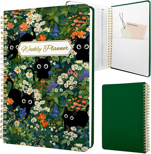 Weekly Planner Undated - 52 Weeks To Do List Notebook A5 for Work: Weekly Task, Habit Tracker Journal, Goal Setting, Agenda Sprial Bound Organizer Book Women Cute Stylish Design, Cat Garden