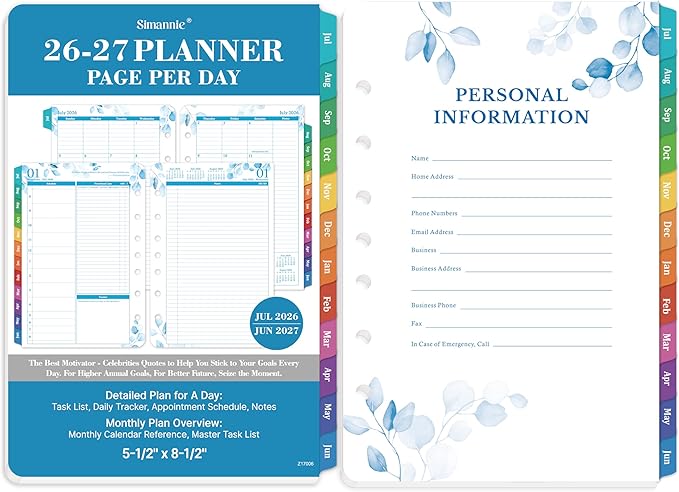 2026-2027 Planner Refills – July 2026 - June 2027, Daily Planner Refills 2026-2027, Two Pages Per Day Daily & Monthly Planner Inserts, 8.38" x 5.51", Ring-Bound with Tabs