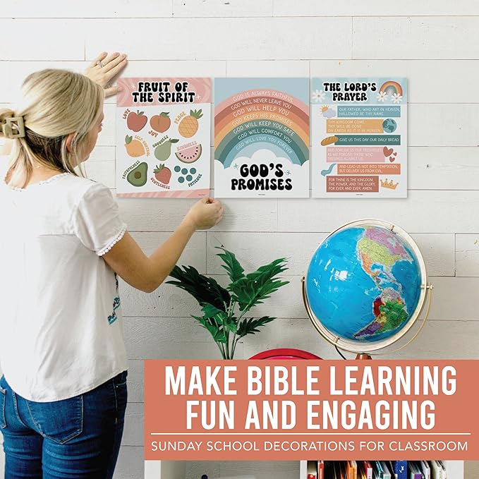 Hadley Designs Sunday School Decorations for Classroom – 9 Bible Posters for Kids, 11x14in Books of the Bible Poster, 10 Commandments, Fruits of the Spirit & More – Retro Christian Classroom Decor