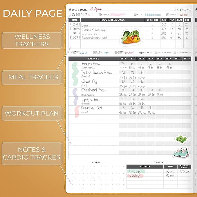 Clever Fox Fitness Journal PRO – Daily Workout Planner with Meal Planner & Habit Tracker – Gym Exercise Log Book for Women & Men – Fitness Planner Notebook – Lasts 6 Months, 7x10” - Amber Yellow