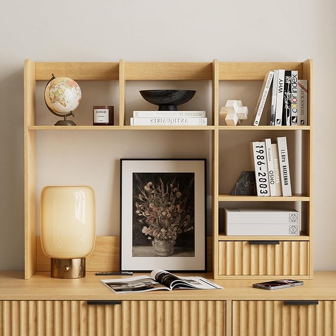 Desktop Bookshelf with Fluted Drawer, Wooden Countertop Shelf Mid Century Modern Desk Hutch Organizer Small Storage Bookcase for Dorm Home Office Study Vanity, Natural Oak