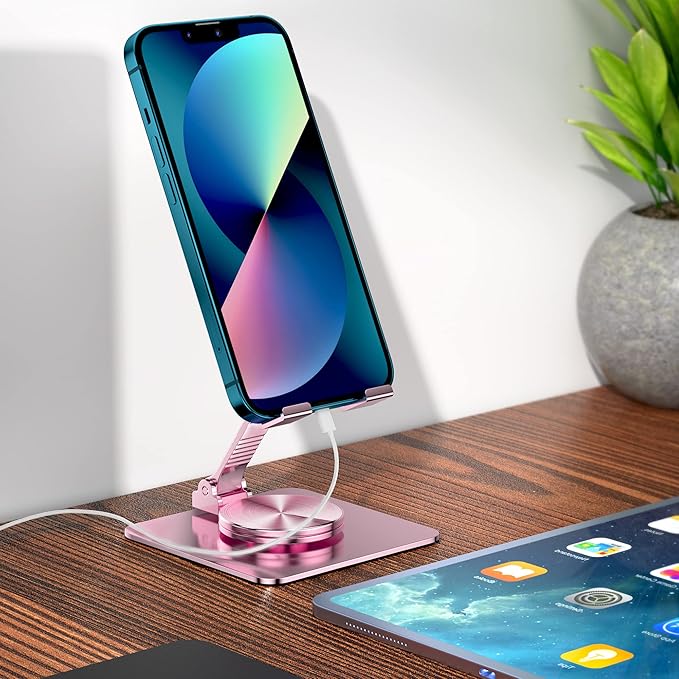 360 Rotatable Foldable Phone Stand for Desk,Fully Adjustable Desktop Phone Holder Cradle Dock Compatible with iPhone 17 16 15 14 13 12 11 Pro Max,Tablets,All Phones(Pink)