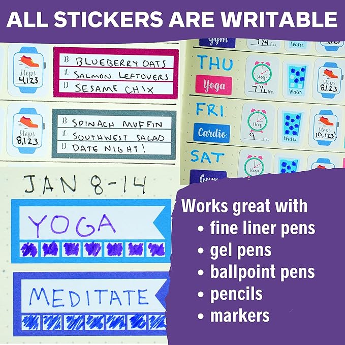 Health and Fitness Planner Stickers Set - Large Value Pack 20 Sticker Sheets - Health, Exercise, Weight Tracking and Meal Planning - Custom Design Accessories and Supplies for Bullet Dotted Journals