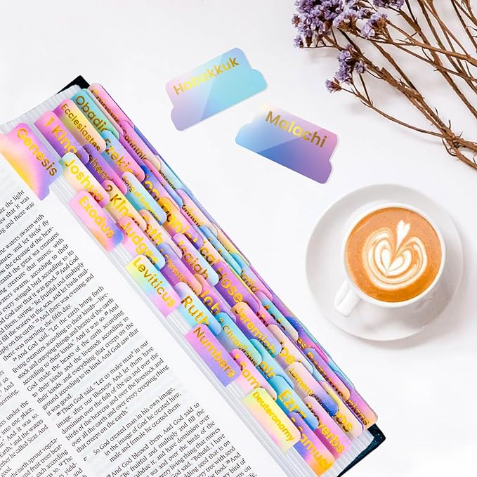 Bible Tabs with Unique Stickers, Gold Foil Laminated Bible Tabs, Bible Tabs for Women, Christian Gifts, Large Print Bible Tabs, Bible Book Index Tabs Labels, Bible Study Supplies (Rainbow HD10)
