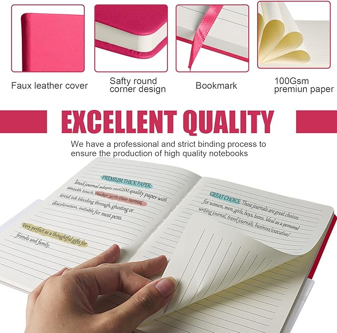 Lined Journal Notebook – Hardcover Notebook for Men & Women – Journals for Writing, Work, School, Home & Daily Notes, 160 Pages – Medium A5, 5.7"x8", 100 gsm Thick Paper (Rose Red)