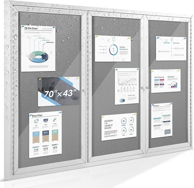 SWANCROWN Outdoor Bulletin Board 70x43in, Enclosed Bulletin Board with Locking Door for Office School Commerce, Grey Felt, Sliver Aluminum Frame