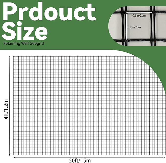 4ft x 50ft Fiberglass Geogrid for Retaining Walls, Bi-Directional 30kN Tensile Strength Geo Grid, 0.8" Mesh Soil Stabilization Fabric for Retaining Walls Up to 6 ft, Driveways & Ground Reinforcement