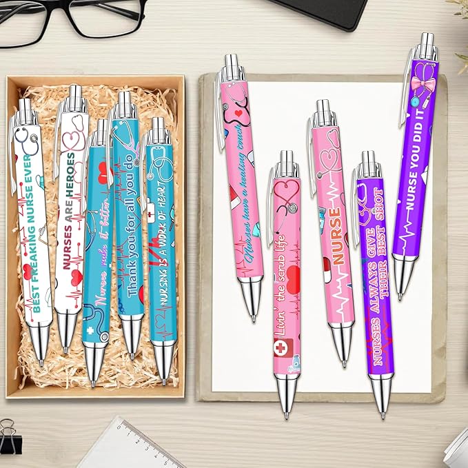 Idealmuzik Nurse Appreciation Week Ballpoint Pens Set of 10 – Nurse Theme Pens with Stethoscope, Heart & ECG Designs and Encouraging Quotes – Smooth Black Ink Pens for Hospital, Office, and Daily Use
