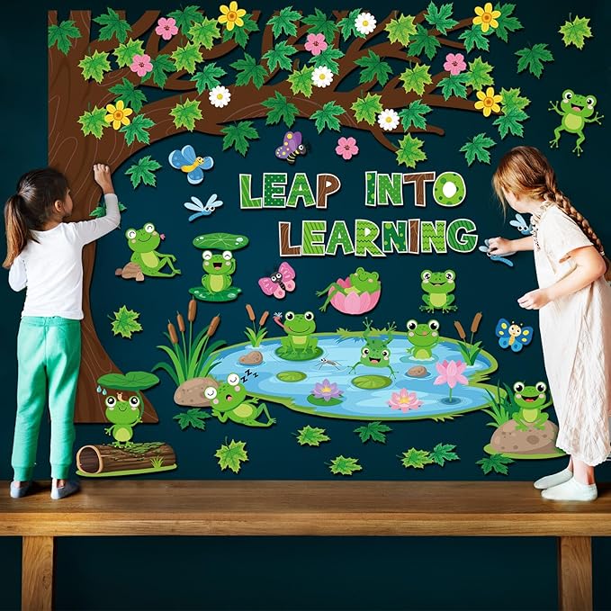 Zonon 113 Pcs Summer Frog Cutouts Bulletin Board Decorations Back to School Classroom Decorations Green Frog Cutouts with Glue Points for School Kids Office Chalkboard Passover Party Supplies