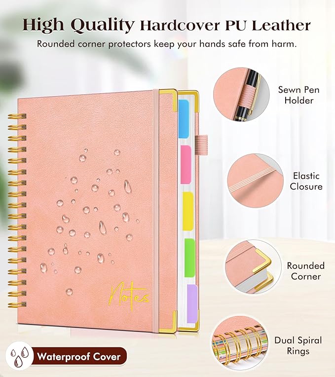 Spiral Notebook Journal with Removable Dividers Tabs, 300 Pages Hardcover Leather 5 Subject College Ruled Notebook, 6.1"x8.2" Large A5 Lined Journal for Women Men Spiral Notebook for Work School,Pink