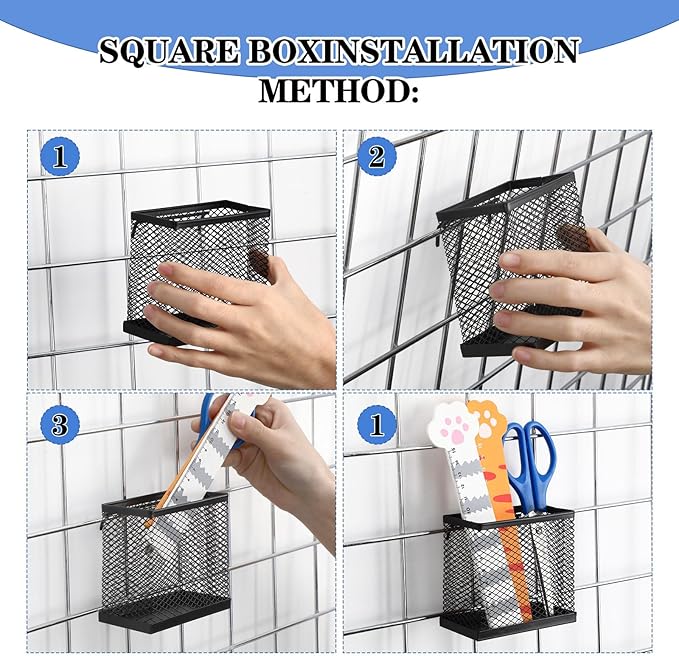 4 Pcs Black Grid wall Bins Storage Bin with Hooks Hanging Baskets Square Box Shape Mesh Baskets for Grid Wall for Garage Garden Office Tools Storage