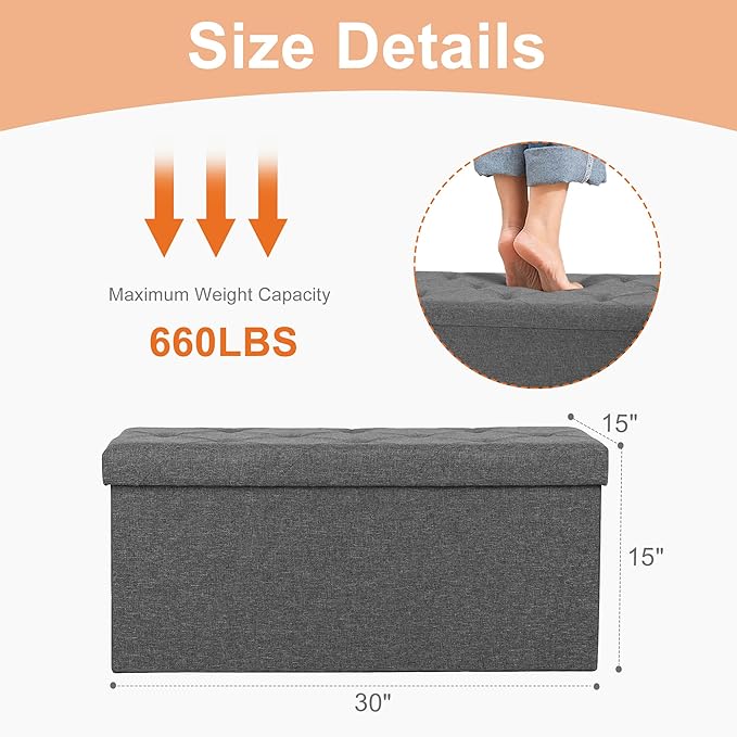 DUMOS Foldable Storage Ottoman Bench 43in, Storage Chest, Large End of Bed Foot Rest Stool with Padded Seat, Bedroom Bench for Living Room, Support 660lbs, Blue