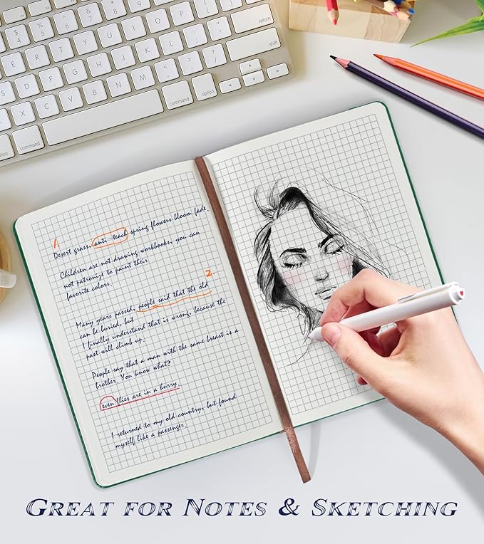 Biuwory Graph Paper Notebook Journal for Women Men,160 Pages Hardcover Grid Notebooks for Work & School,Leather Journals for Writing, Graphing Paper Notebook 5.7"×8.3" (Green)