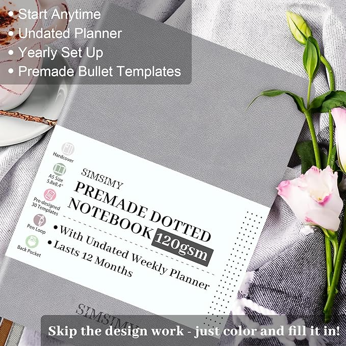 Dotted Journal Notebook with Premade Bullet Templates, Pre-made Dot Grid Journaling with Undated Weekly & Monthly Planner, Various Trackers - 12 Month Organization, A5 Hardcover