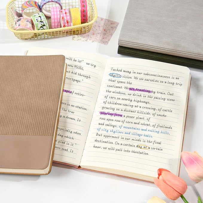 Lined Journal Notebook for Work College Ruled Note Book 5.79"x8.27" A5 PU Leather Daily Journaling 216 Pages for Women Men Writing Home School Supplies Business (Darkgreen/Darkpink)