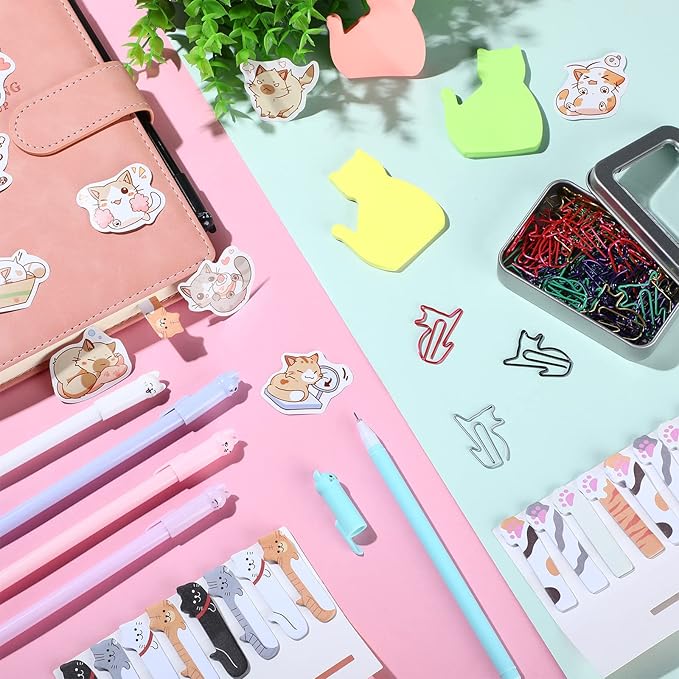 Outus Cat Office Supplies Cute Sticky Notes Paper Clips Gel Ink Pens Cartoon Stickers Party Favor for Cat Lovers Office Supplies(Vivid Style)