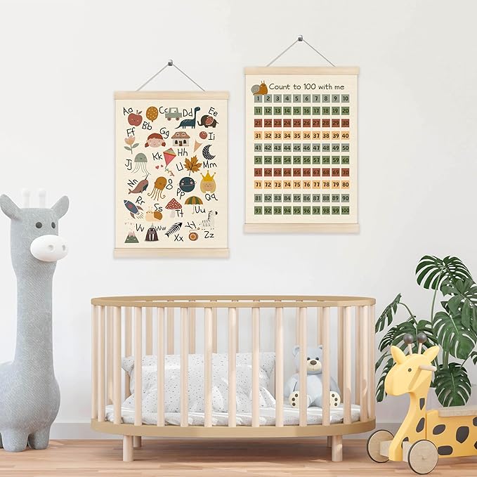 Koesus Number Chart 1-100 Alphabet Wall Art Poster Hanger Frame 12x16 Inch Set of 2, Count to 100 Alphabet Educational Canvas Pictures Prints Framed Wall Decor for Classroom Nursery Playroom Preschool