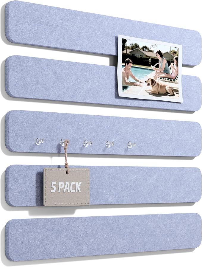 Fluxynara Cork Board Alternative Felt Strip Board 5-Pack 13"x2", Office Pin Board with 35 Push Pins, Adhesive Install for Bedroom Door & Home Office(Soft Periwinkle)