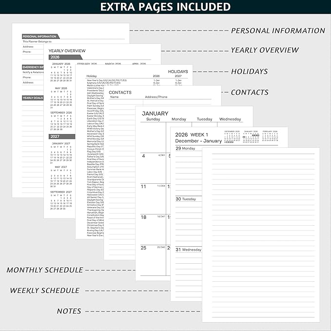 2026 Planner, Weekly ＆ Monthly Planner 2026, Jan 2026 – Dec 2026, 6.2" x 8.42", Flexible Cover, 12 Monthly Tabs, Thick Paper, Spiral Wirebound, Inner Pocket, Black