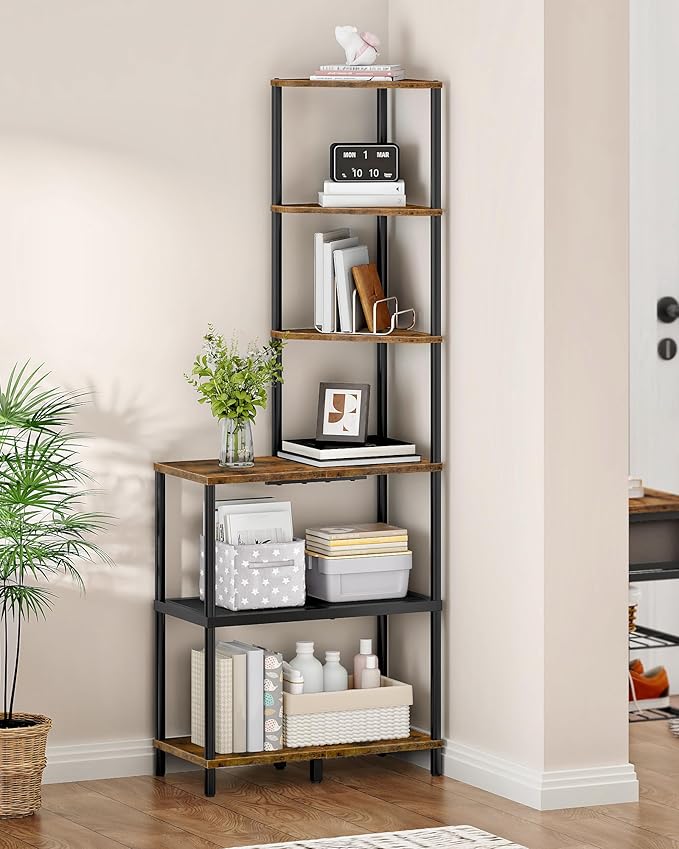 6-Tier Corner Shelf, Industrial Corner Bookshelf with Desk Top, Diamond-Shaped Storage Shelves, Display Stand for Small Spaces, Living Room, Home Office, Foyer, Rustic Brown and Black TCJ70BF