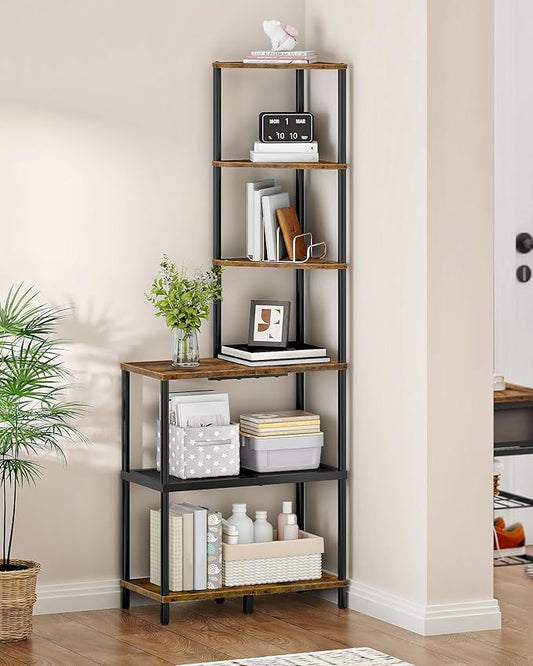 6-Tier Corner Shelf, Industrial Corner Bookshelf with Desk Top, Diamond-Shaped Storage Shelves, Display Stand for Small Spaces, Living Room, Home Office, Foyer, Rustic Brown and Black TCJ70BF