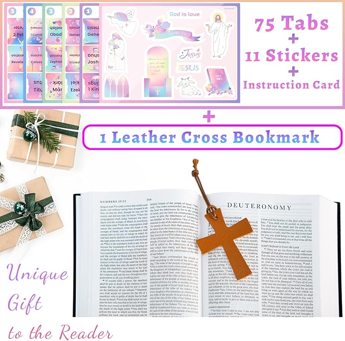 Bible Tabs with Cross Bookmark, Rainbow, Large Print, Plastic, 2 Count