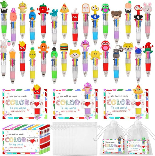CZWZ 30 Set Cute Multicolor Pens in One 4-in-1 Fun Pens Bulk with 30 Valentines Day Cards for Valentine's Day Party Student Colleagues Greeting Exchange Gift Office School
