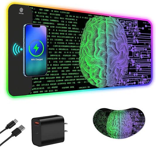 ToLuLu Wireless Charging RGB Gaming Mouse Pad, 15W LED Mouse Mat with 30W Charger, 14 Light Modes Large Mousepad Wrist Support, Non-Slip Rubber Base Desk Mat Computer Keyboard Pad, Right Left Brain